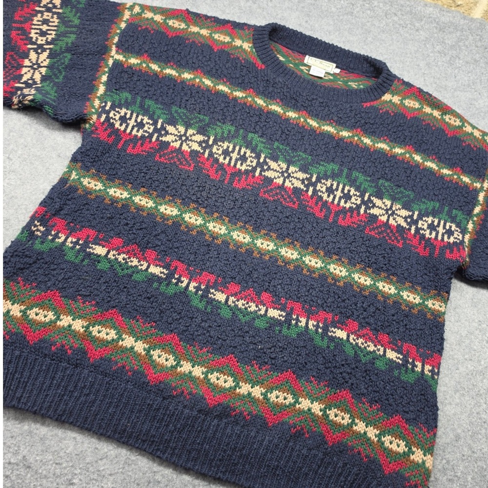 LL Bean Mens Navy Blue Cotton Fair Isle Popcorn Knit Crew Neck Sweater Large